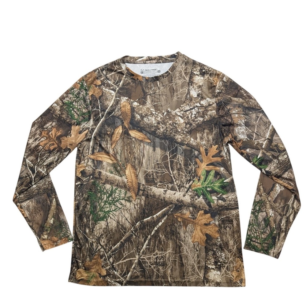 Realtree Edge Camo Shirt Mens Medium Brown Long Sleeve Hunting Performance Tee